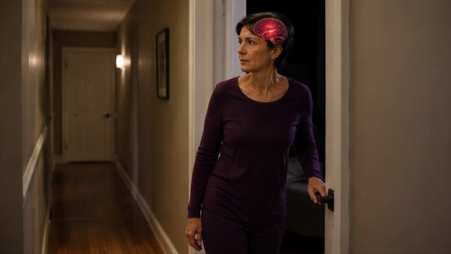 Confused mature woman standing in dark hallway at home with glowing red brain overlay. Alzheimer disease and dementia concept with memory loss, disorientation and cognitive decline awareness