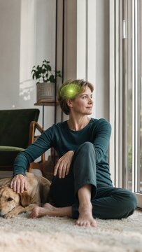 Mature woman sitting on floor by window with dog and glowing brain hologram over head. Mental health and mindfulness concept. Peaceful thinking, emotional wellness and pet therapy at home.
