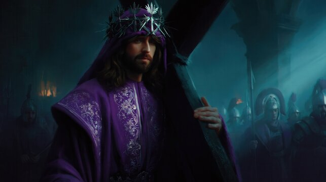 Solemn man carrying wooden cross over shoulder with crown of thorns, dark robe, warm rim light and deep blue sky, conveying sacrifice, devotion, sorrow and spiritual resolve