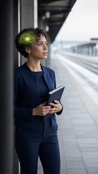 Thoughtful woman with glowing brain hologram and book standing on train platform. Learning and knowledge concept. Education, thinking and self development for e-learning and psychology design.