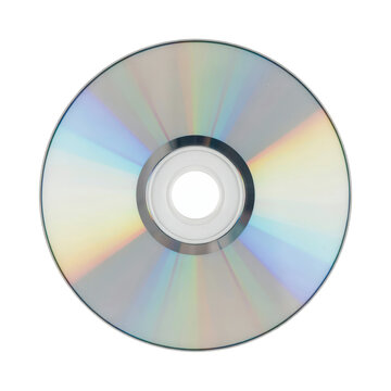 View of a reflective circular compact disc with iridescent rainbow light diffraction patterns isolated on a transparent background