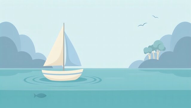 A small sailboat floating on calm blue water with distant hills and a clear sky background with vector illustration sailboat