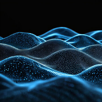 Abstract blue digital waves formed by glowing particles against a dark background, creating an undulating futuristic data visualization