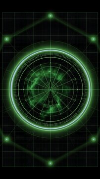 Glowing green circular radar display above reflective dark surface with aircraft blip, concentric rings, grid lines, target echoes, and futuristic tactical interface