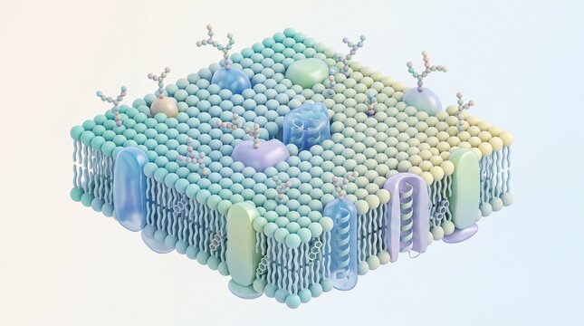 Cell membrane structure with phospholipid bilayer and proteins 3d