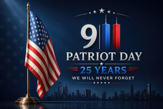 Patriot Day 25th Anniversary Commemorative Emblem with Bald Eagle, American Flag, NYC Skyline and Patriotic 250th Anniversary Design