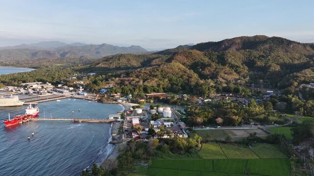 Aerial View of Oil Terminal and Fuel Tanker at Coastal Bay