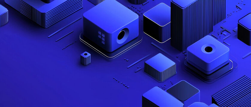 Abstract blue isometric digital landscape, featuring geometric cubes, blocks, and textured forms with circular cutouts, modern tech aesthetic