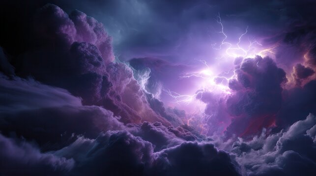 Dark storm clouds lit by vivid purple lightning with dramatic atmospheric depth, turbulent texture, smoky layers, glowing contrast and cinematic moody sky, with storm, cloud, lightning, purple detail