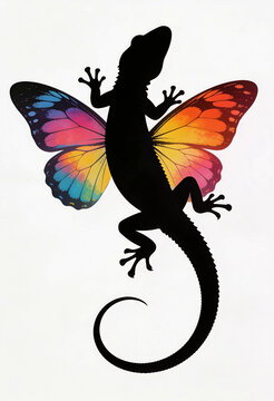 Fantasy hybrid creature featuring a black gecko silhouette with vibrant multicolored butterfly wings, blending reptile form and delicate iridescent patterns in a striking modern illustration.