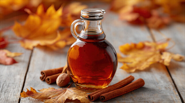 Maple syrup bottle with cinnamon sticks and autumn leaves on wooden table