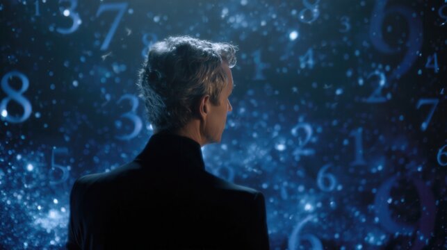 Back view of middle-aged man studying glowing numeric characters on dark textured wall in moody low-key lighting, focused posture and cinematic contrast with cool desaturated tones
