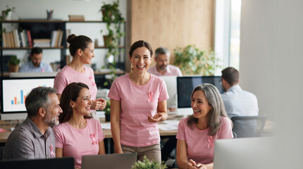 Obraz premium Office environment with employees wearing pink ribbons for Pink October Breast Cancer Prevention Awareness