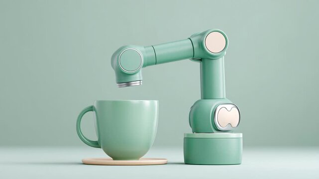 Robotic arm serving coffee in a modern kitchen setup