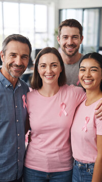 Office environment with employees wearing pink ribbons for Pink October Breast Cancer Prevention Awareness