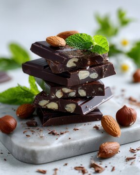 Stacked dark chocolate squares with whole and chopped hazelnuts on ceramic plate, topped with mint sprig and sea salt flakes in soft natural light, with chocolate, hazelnut, mint, dessert detail