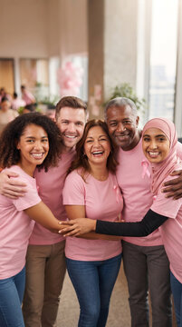 Office environment with employees wearing pink ribbons for Pink October Breast Cancer Prevention Awareness