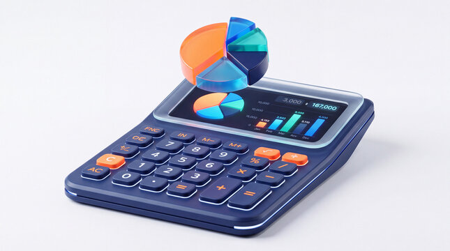 3D render of a sleek modern financial calculator with a glowing digital screen displaying data charts and a translucent colorful pie chart hovering above for corporate business analytics and investmen