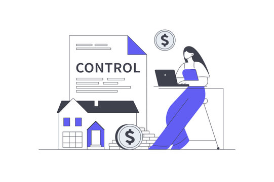 Estate Agency Control and Real Estate Financial Management. Female Specialist Working on Laptop near Real Estate Property Building Document and Money Coins. Flat Cartoon Vector Illustration, icon web