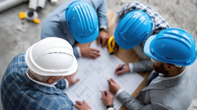 Three professionals reviewing construction plans on jobsite with focused collaboration