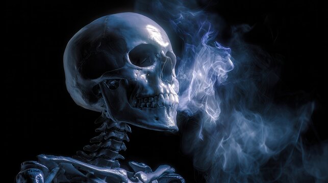 Iridescent human skeleton with smoky vapor on black background, glowing in eerie purple and blue light for dark Halloween, horror, theatrical, conceptual visuals