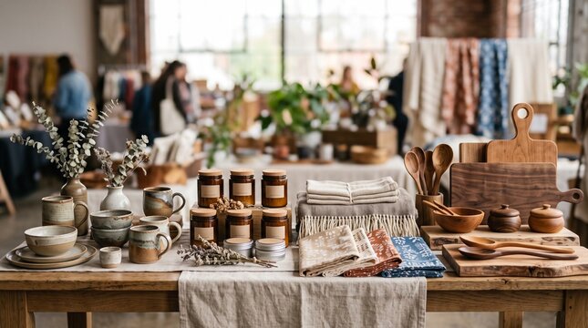 Outdoor Craft Fair Stall Displaying Handcrafted Ceramic Bowls, Wood Utensils, and Blankets