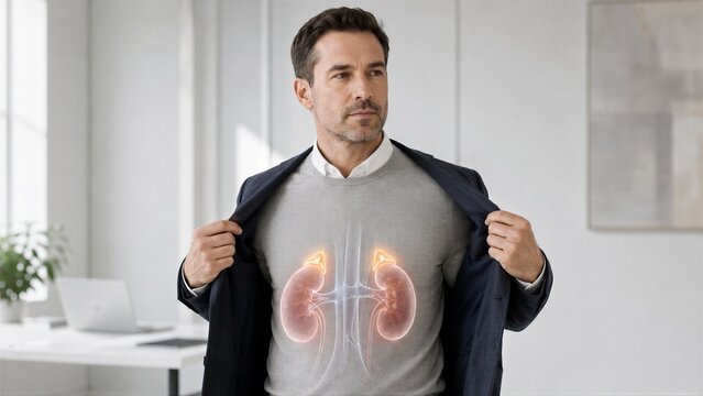 Man with highlighted kidney and adrenal gland anatomy on body. Urology and nephrology medical concept. Human organ health, disease diagnosis and treatment visualization for healthcare and medicine.