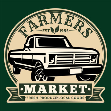 Retro vector emblem with vintage farm pickup truck within a circular border on deep green background.