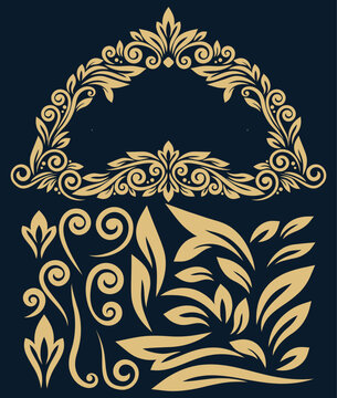 Collection of ornate golden calligraphic flourish elements and decorative borders on a deep navy blue background.