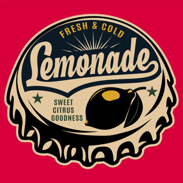 Detailed vector illustration of a beverage bottle cap featuring a citrus fruit motif on a bright red background.