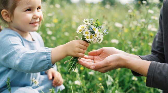 A young child giving a small bouquet of wildflowers to an adult in a sunny meadow, representing love, connection, and the simple joy of nature world kindness day