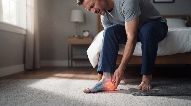 Man sitting on bed suffering from ankle pain with highlighted foot anatomy