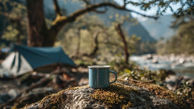 Blue enamel mug resting on mossy rock beside sunlit riverside with blurred tent and trees, creating calm outdoor camping mood with textured foreground, soft water backdrop, and warm natural light
