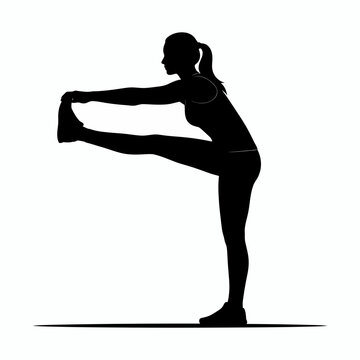 Flat vector silhouette illustration of a woman standing and stretching her leg hamstring