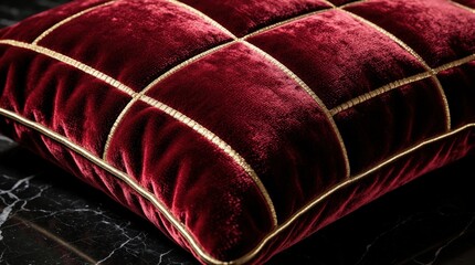Obraz premium Deep red velvet cushion features diamond quilting with gold trim. Rich texture adds luxury and comfort to interior decor. Ideal for sofa or bed.