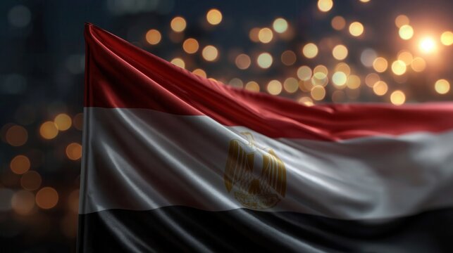 Egyptian flag cloth waving over blurred warm bokeh lights with rich fabric texture, glossy highlights, patriotic color contrast, and dramatic night atmosphere, with egypt, flag, fabric, cloth detail