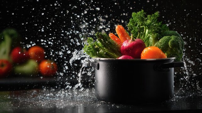 Fresh vegetables falling into stainless steel pot with dramatic water splash over dark studio background, with vegetable, tomato, lettuce, salad detail, showing pot, splash, water, droplet context