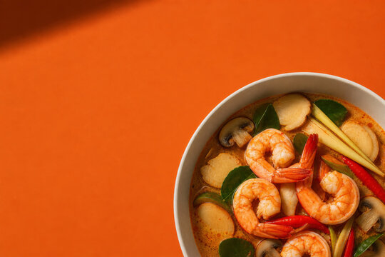 Overhead tom yum goong on a bold orange background