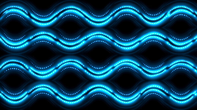 Bright blue glowing wavy lines of luminous dots creating a dynamic seamless pattern on a dark background