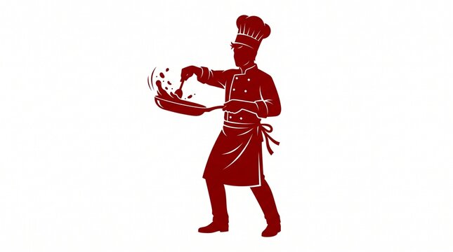 Red silhouette of a professional chef cooking food in a frying pan on white background