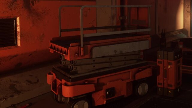 A roller cart with metal parts is in a workshop. The setting has orange walls and appears busy. Tools and equipment are stored around the cart. Daylight comes through the window.