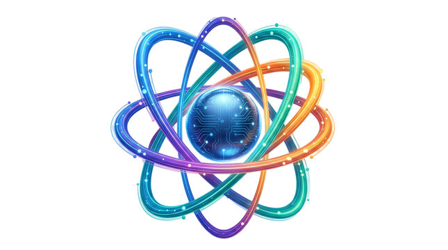 Vibrant 3D atom model with colorful electron orbits. Stylized scientific nucleus icon. Modern physics and chemistry concept art.