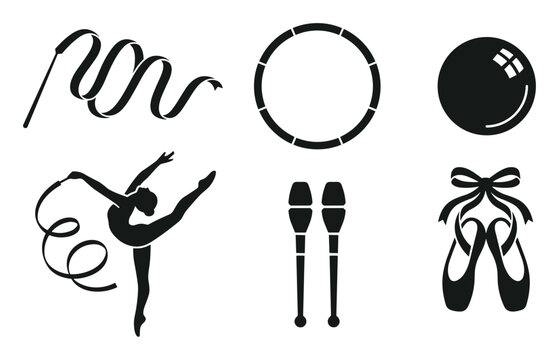 Rhythmic gymnastics equipment vector set featuring ribbon, hoop, ball, clubs, ballet shoes, and gymnast silhouette on transparent background