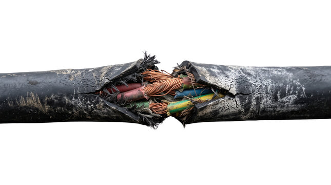 Damaged electrical cable with exposed copper wires, broken power cord showing frayed insulation, industrial wire failure concept isolated PNG with Transparent Background