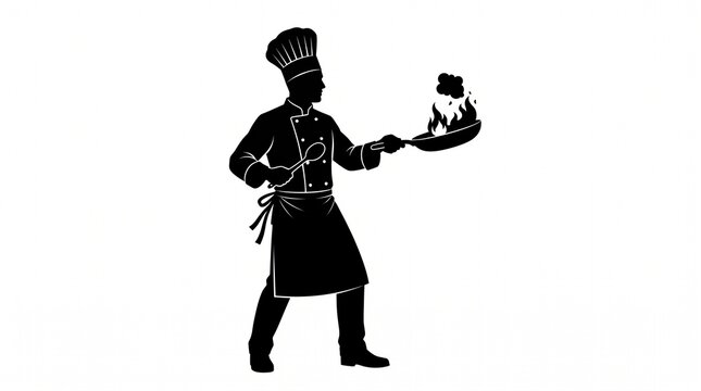 Silhouette of a professional chef cooking with fire in a frying pan on white background