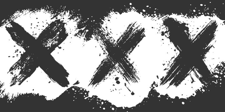 Black grunge brush stroke cross marks painted with messy splatter texture background vector illustration.