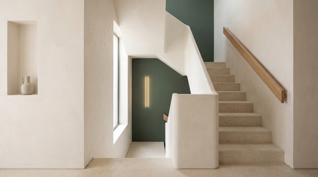 Minimalist modern staircase interior with warm natural light, clean white walls and a sculptural dark green accent