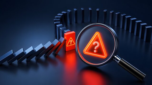 Magnifying glass analyzing a critical warning block with a question mark amidst falling dominoes, symbolizing risk and uncertainty