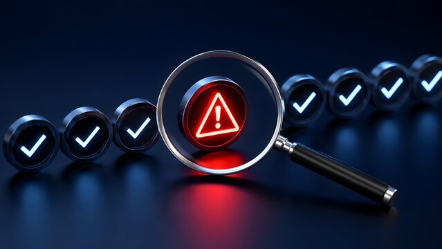 Magnifying glass highlighting a red warning sign among blue checkmarks, illustrating error detection and quality assurance concept