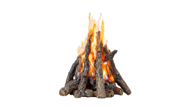 Small miniature wooden bonfire toy with realistic glowing flames campfire model isolated closeup on white background